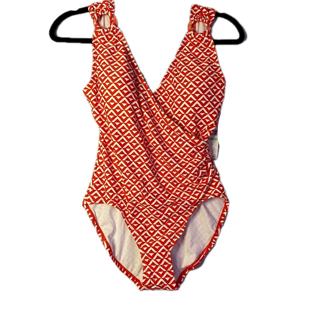 Carmen Marc Valvo Swimsuit Womens 8 Orange White Geometric One Piece NWT